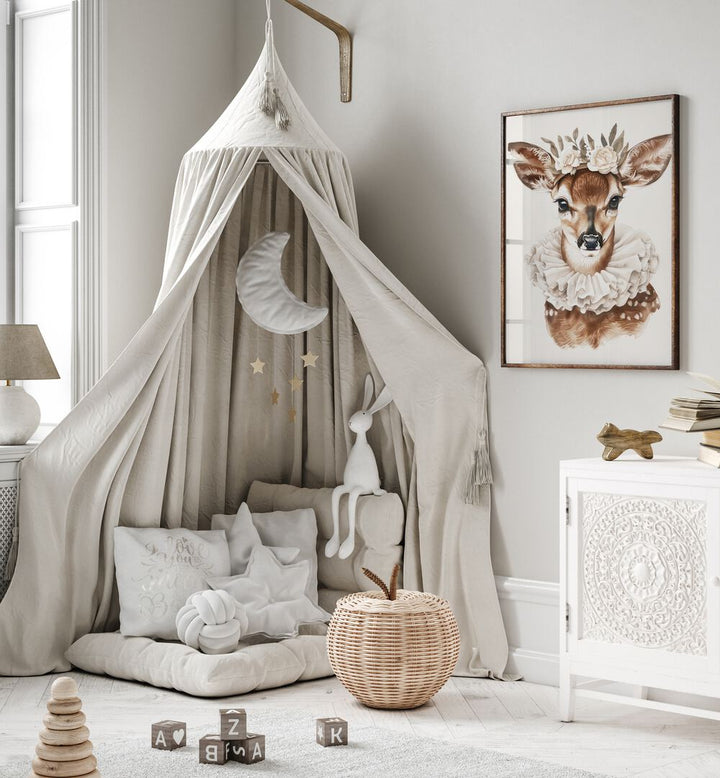 Enchanted Doe Delight Kids Room Paintings Kids Room Wall Art in Dark Wood Plain Frame placed on a wall in a kids room beside a tent