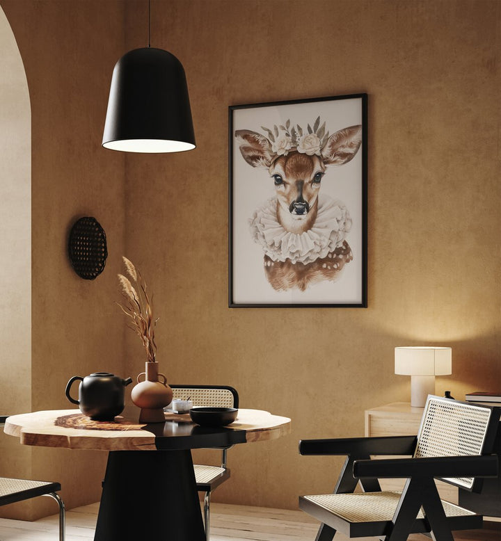 Enchanted Doe Delight Kids Room Paintings Kids Room Wall Art in Black Plain Frame placed on a wall behind a dining table and beside a window for dining area