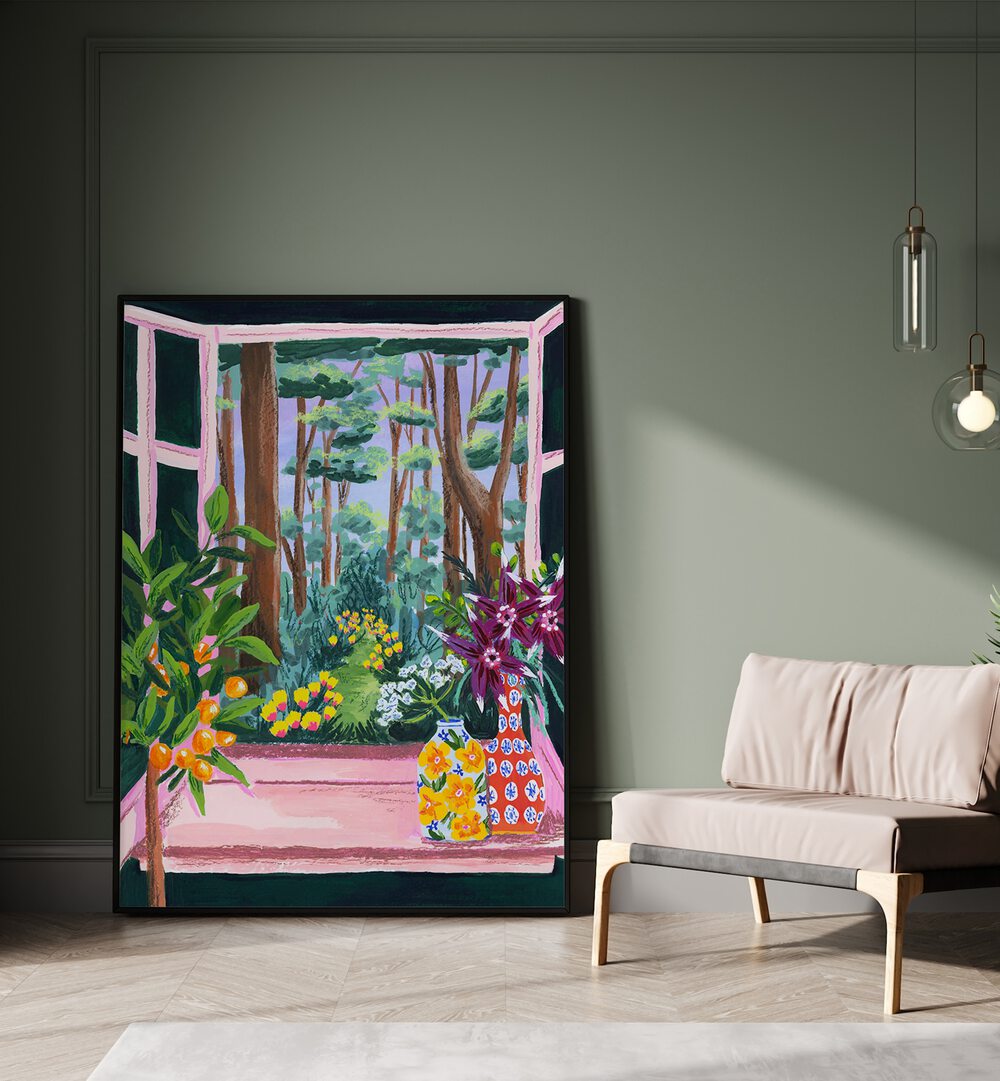 Enchanted Garden By Sarah Gesek Landscape Art Prints in Black Plain Frame placed on the floor beside a sofa