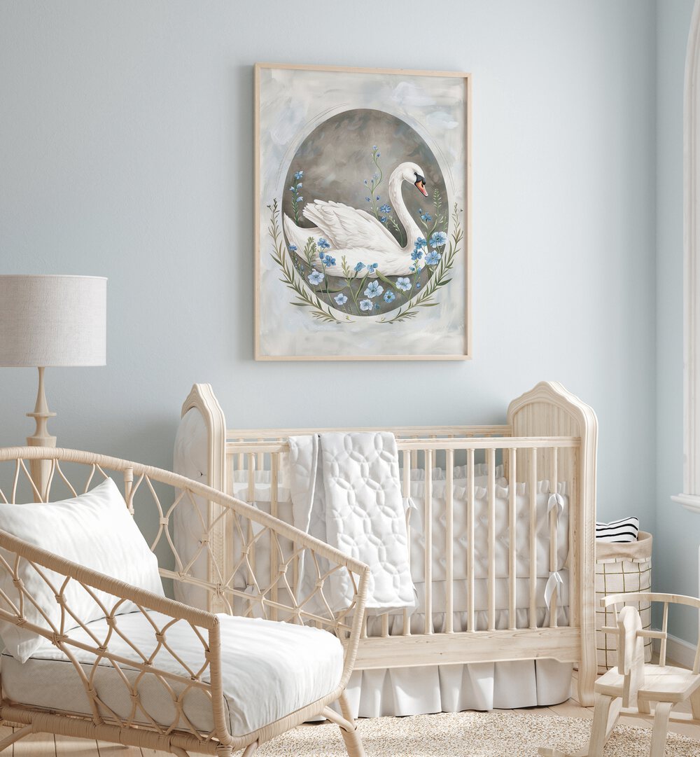 Enchanted Waters Swan Lake I Kids Room Paintings Kids Room Wall Art in Oak Wood Plain Frame placed on a wall in a kids room behind an infant's bed