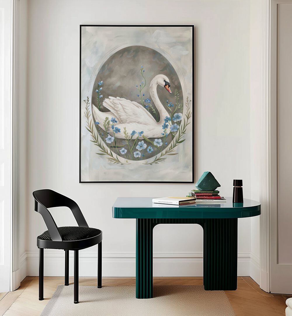 Enchanted Waters Swan Lake I Kids Room Paintings Kids Room Wall Art in Black Plain Frame placed on a wall behind a study table