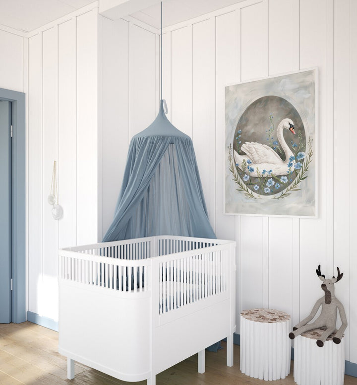 Enchanted Waters Swan Lake I Kids Room Paintings Kids Room Wall Art in White Plain Frame placed on a wall in a kids room beside an infant's bed