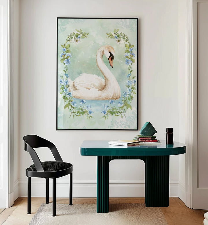 Enchanted Waters Swan Lake ii Kids Room Paintings Kids Room Wall Art in Black Plain Frame placed on a wall behind a study table