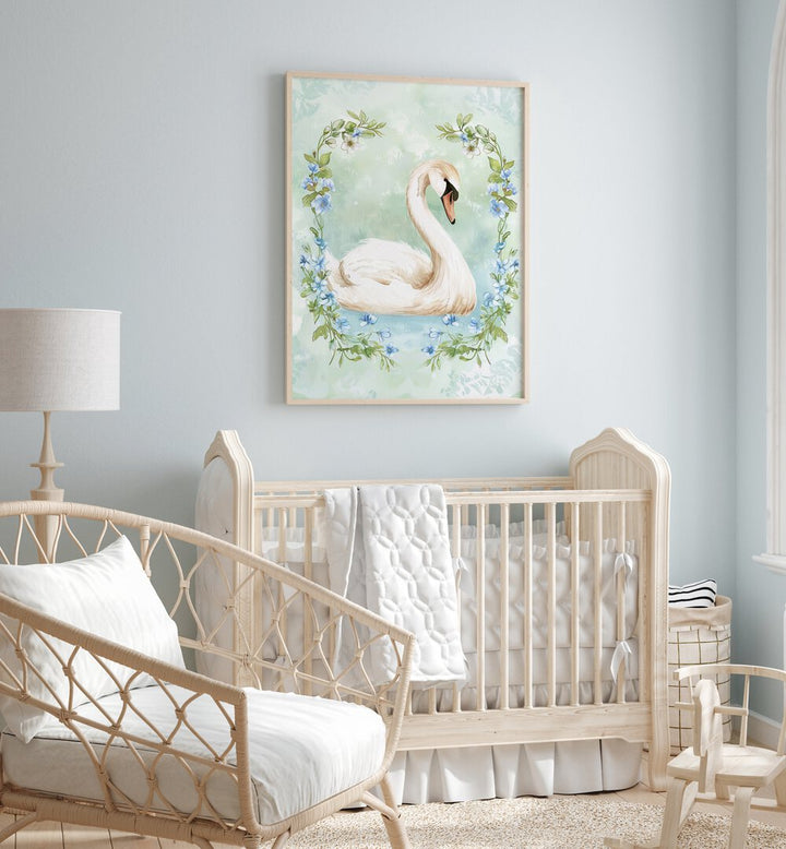 Enchanted Waters Swan Lake ii Kids Room Paintings Kids Room Wall Art in Oak Wood Plain Frame placed on a wall in a kids room behind an infant's bed