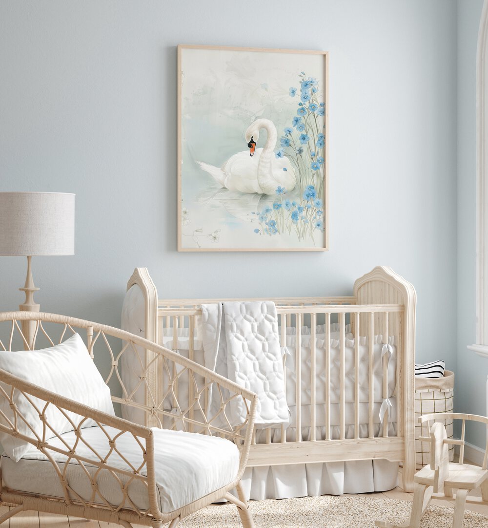 Enchanted Waters Swan Lake iii Kids Room Paintings Kids Room Wall Art in Oak Wood Plain Frame placed on a wall in a kids room behind an infant's bed