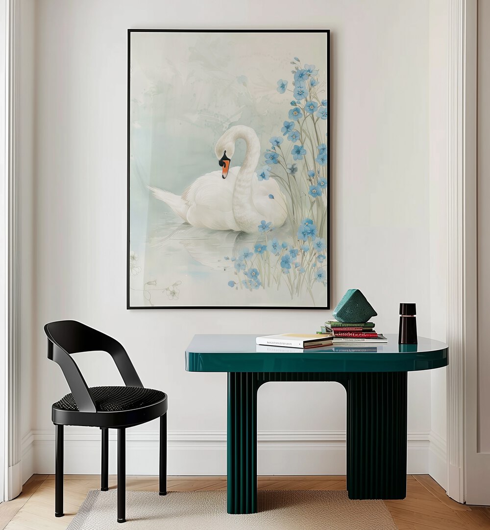 Enchanted Waters Swan Lake iii Kids Room Paintings Kids Room Wall Art in Black Plain Frame placed on a wall behind a study table