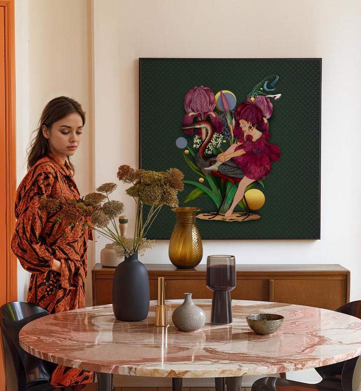 Woman admiring ENCHANTED FOREST X, PORTRAITS artwork amidst stylish decor and floral arrangements in a cozy setting.