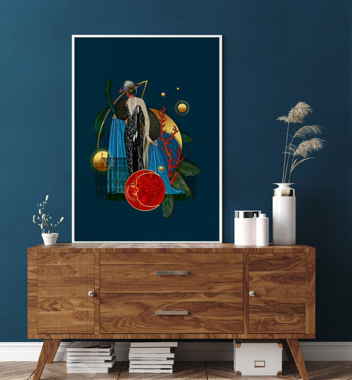 QUEEN OF THE UNDERWATER GARDENS, SURREAL ART PRINTS adorns a stylish interior, bringing enchanting aquatic beauty.