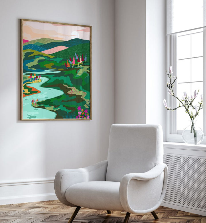 Endless Love By Uma Gokhale Landscape Art Prints in Oak Wood Plain Frame on a white wall beside a sofa