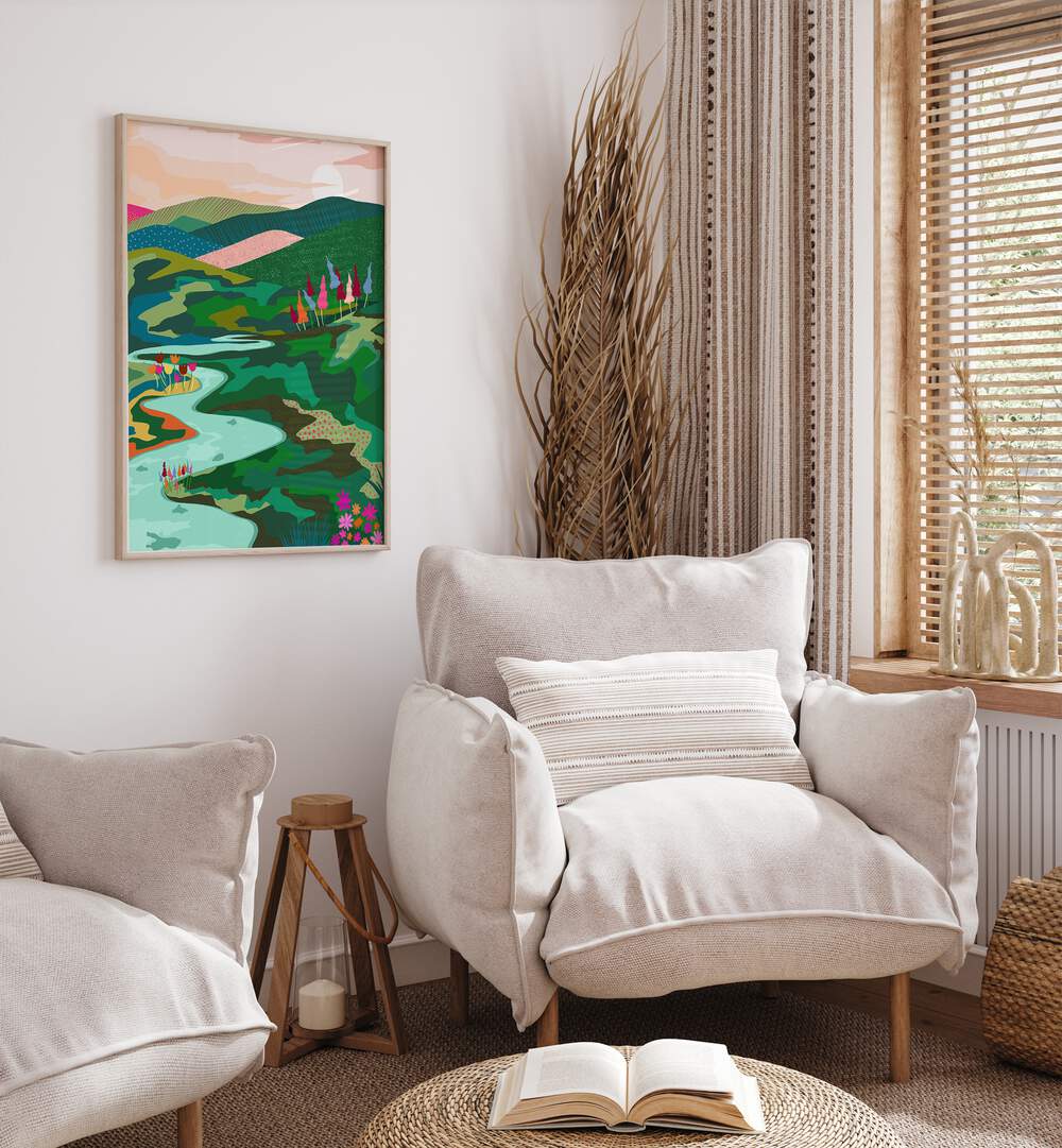 Endless Love By Uma Gokhale Landscape Art Prints in Oak Wood Plain Frame on a white wall behind a sofa