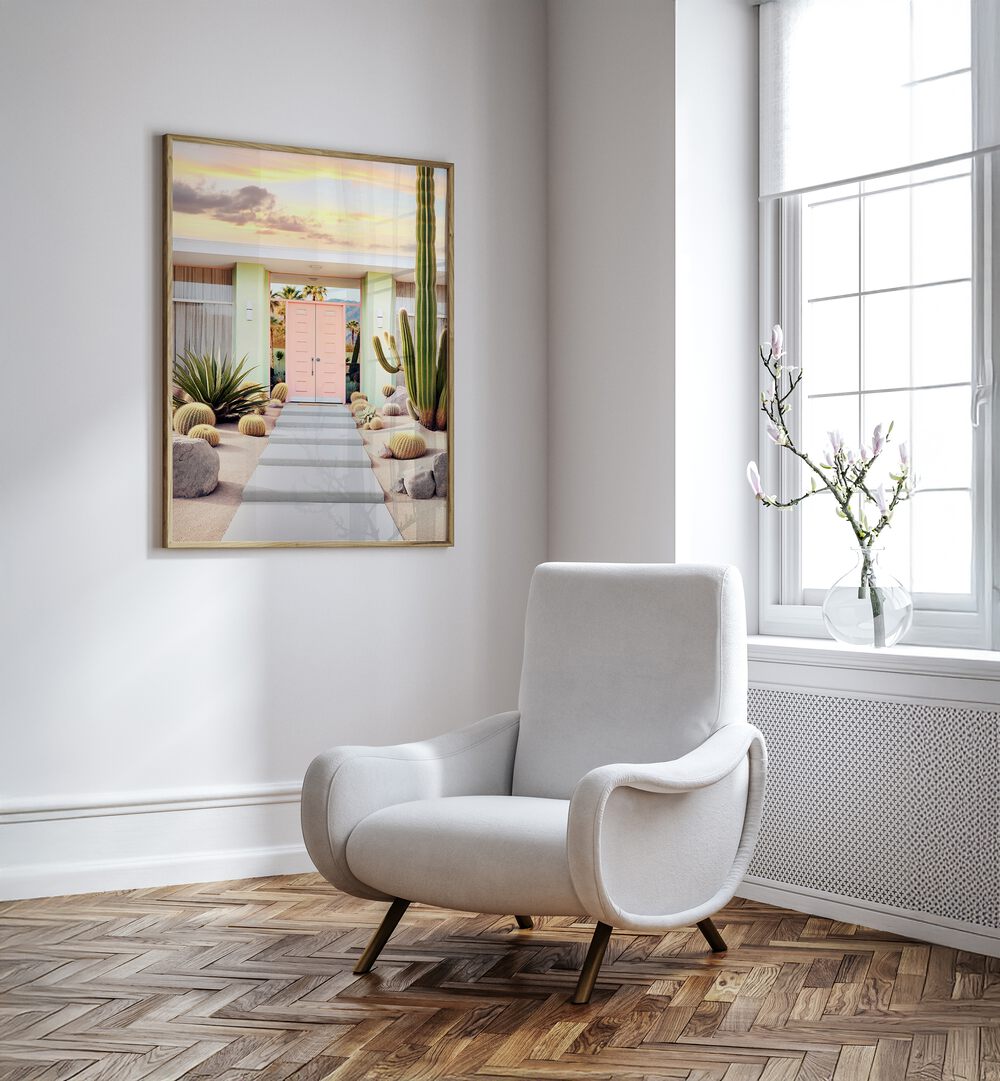 Serene desert scene featuring "END OF THE DAY IN PALM SPRINGS, BEACH PAINTINGS" by Philippe Hugonnard.