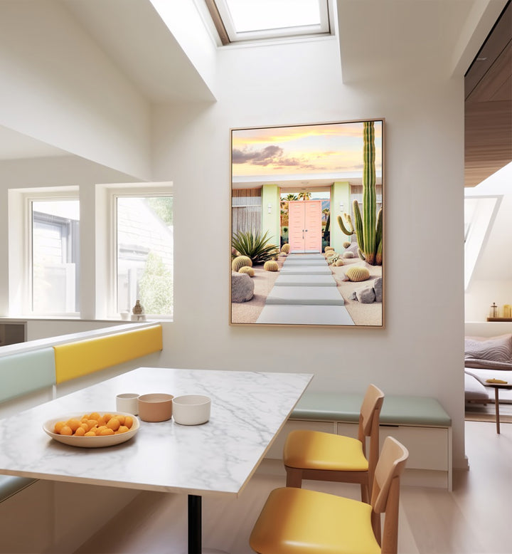 Serene sunset scene featuring "END OF THE DAY IN PALM SPRINGS, BEACH PAINTINGS" by Philippe Hugonnard.