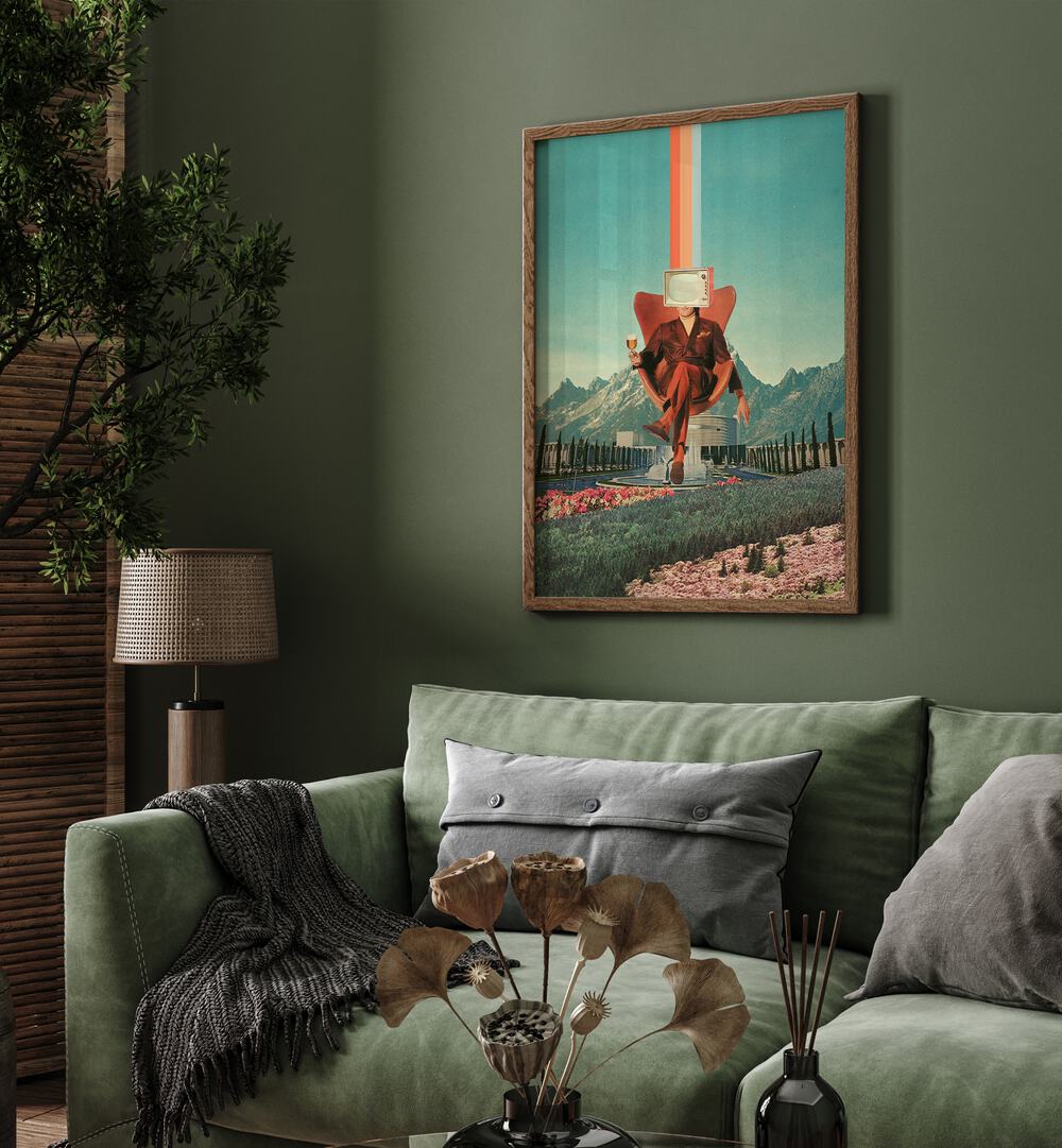 Enemy By Frank Moth Surreal Art Prints Surrealism in Dark Wood Plain Frame placed on a wall behind a sofa