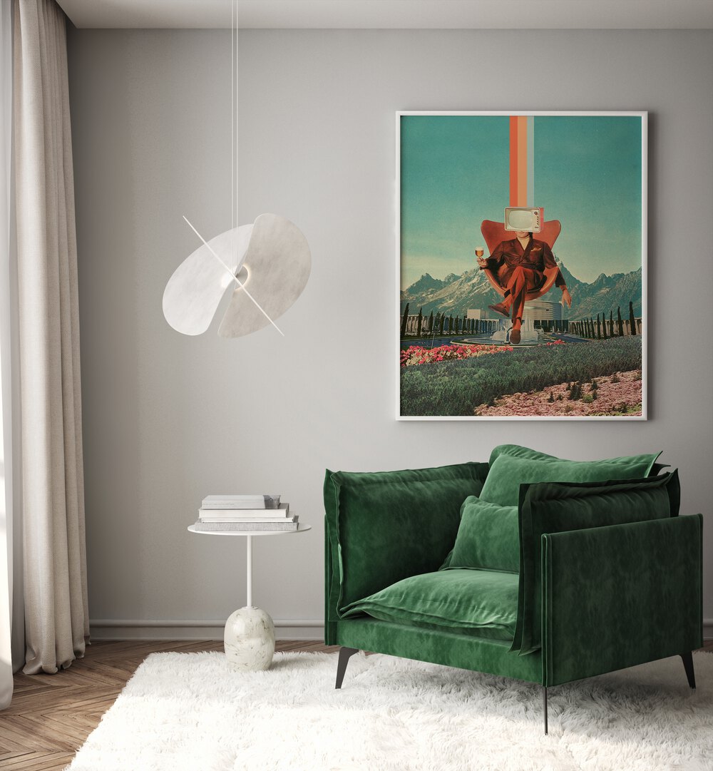 Enemy By Frank Moth Surreal Art Prints Surrealism in White Plain Frame placed on a wall behind a sofa 