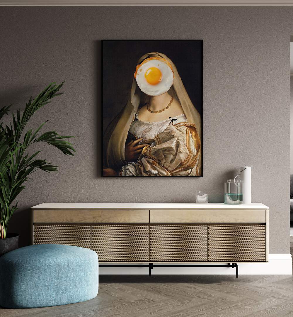 English Breakfast I by the Art Concept Altered Art Prints in Black Plain Frame placed on a wall behind a console table