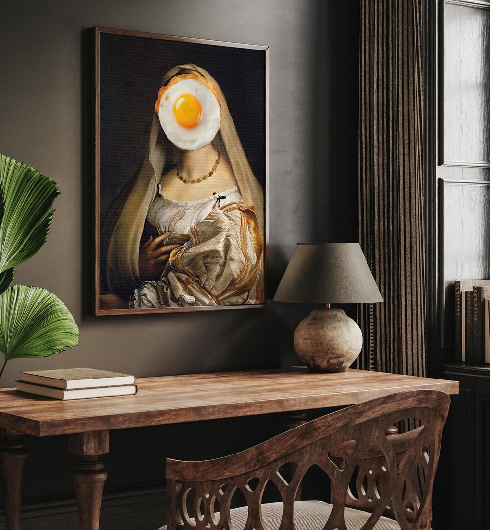 English Breakfast I by the Art Concept Altered Art Prints in Oak Wood Plain Frame placed on a wall behind a study table