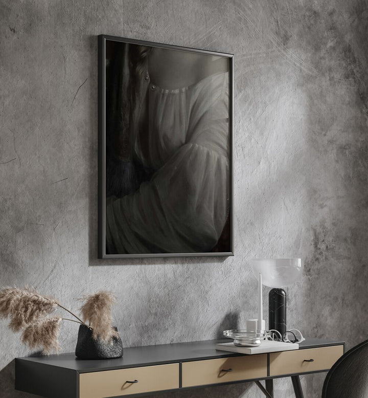 Enshrouded Arm Gothic Wall Art Prints in Black Plain Frame hanging on wall above console table.