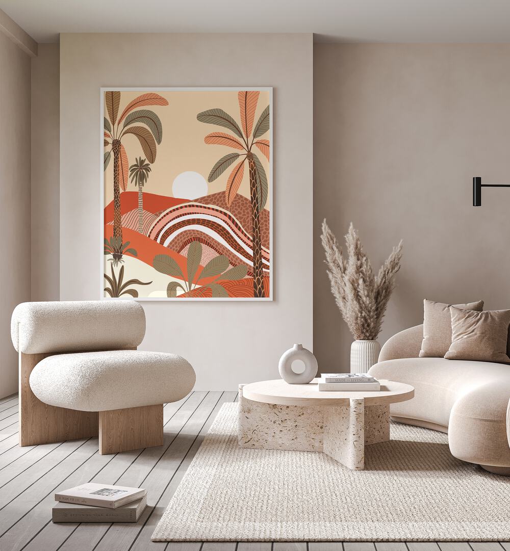 Epiphany By Uma Gokhale Landscape Art Prints in White Plain Frame on a beige wall for living room