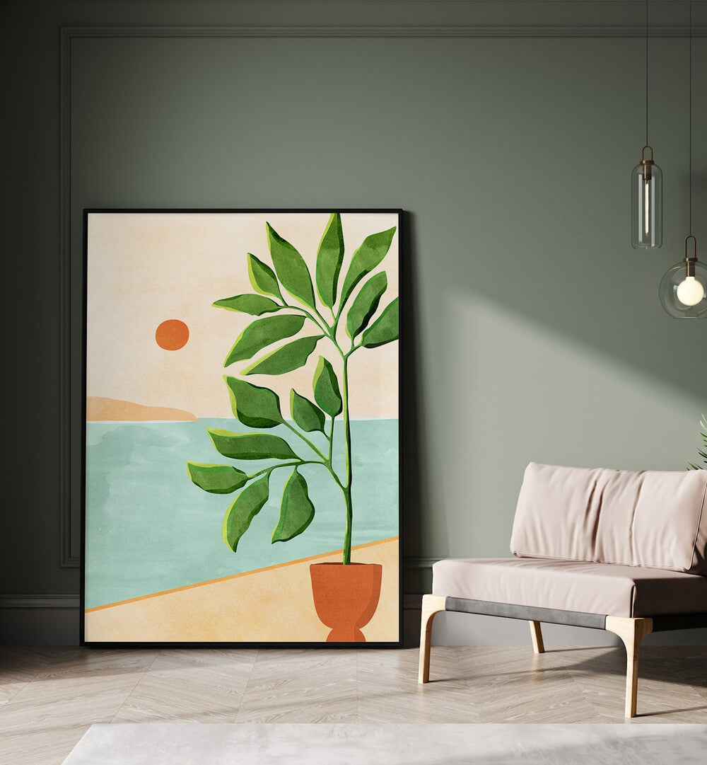 Escape to the Coast by Kristian Gallagher Botanical Flower Paintings Floral Paintings in Black Plain Frame placed on the floor beside a sofa