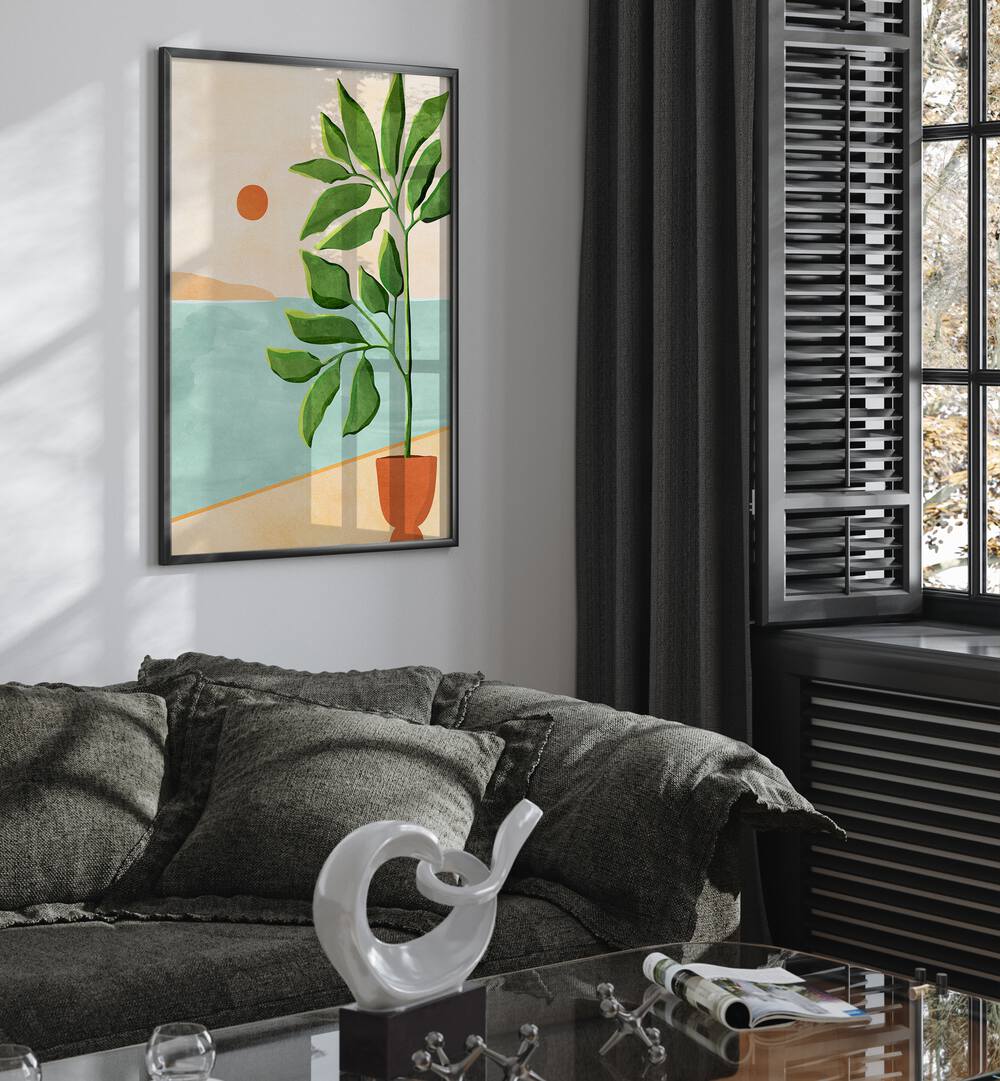 Escape to the Coast by Kristian Gallagher Botanical Flower Paintings Floral Paintings in Black Plain Frame placed on a wall beside a window and behind a sofa