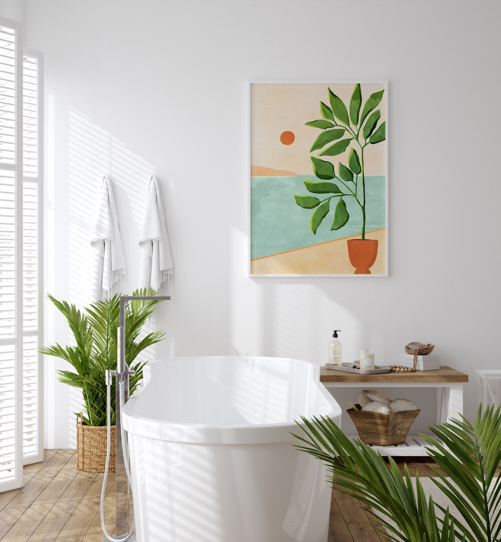 Escape to the Coast by Kristian Gallagher Botanical Flower Paintings Floral Paintings in White Plain Frame placed on a wall behind a bathtub for bathroom