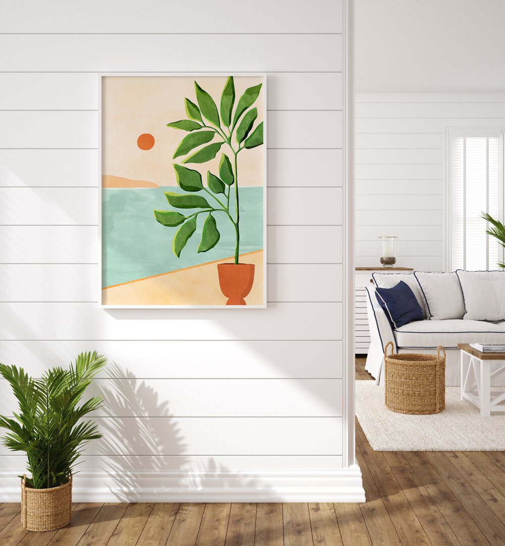 Escape to the Coast by Kristian Gallagher Botanical Flower Paintings Floral Paintings in White Plain Frame placed on a white wall beside a plant