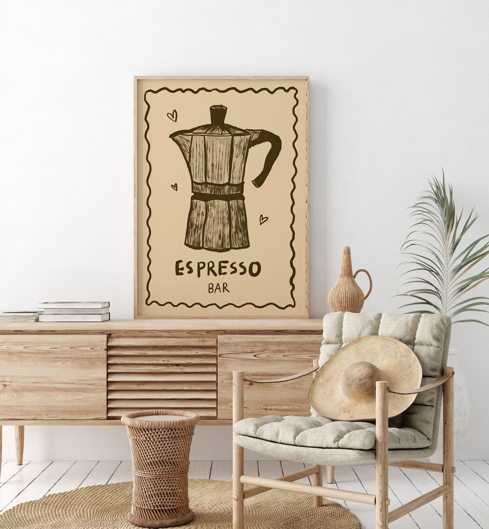 Espresso Bar by Studio Dolci Kitchen Art Prints in Oak Wood Plain Frame placed on  console table behind a chair