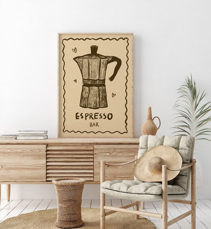 Espresso Bar by Studio Dolci Kitchen Art Prints in Oak Wood Plain Frame placed on  console table behind a chair