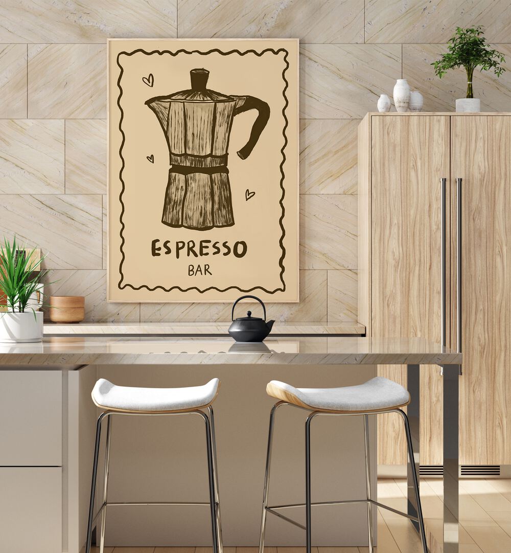 Espresso Bar by Studio Dolci Kitchen Art Prints in Oak Wood Plain Frame placed on a wall behind a kitchen counter for kitchen