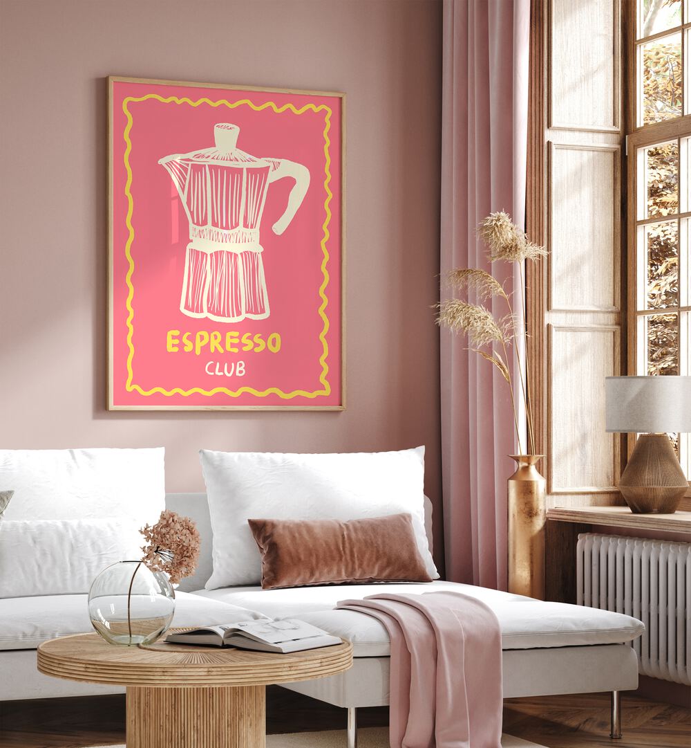 Espresso Club ii by Studio Dolci Kitchen Art Prints in Oak Wood Plain Frame placed on a wall behind a sofa