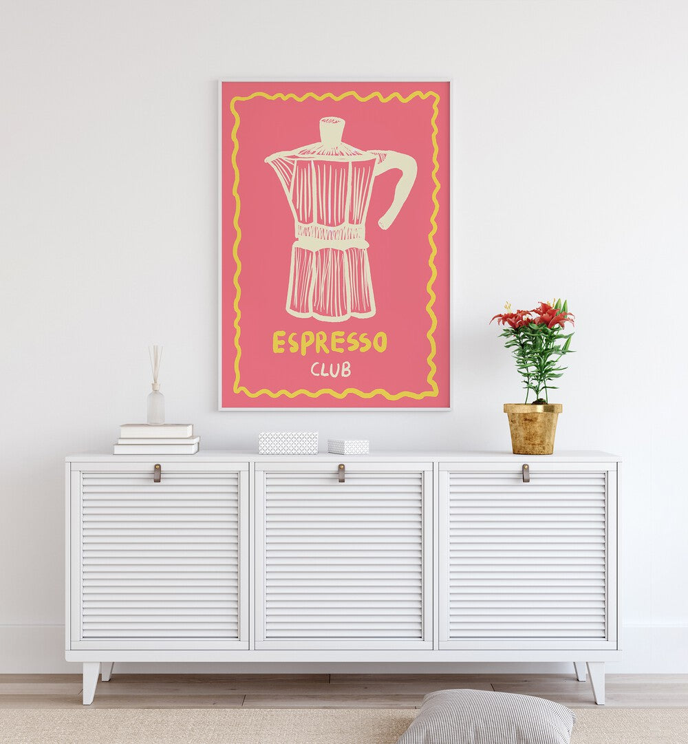 Espresso Club ii by Studio Dolci Kitchen Art Prints in White Plain Frame placed on a wall behind a console table