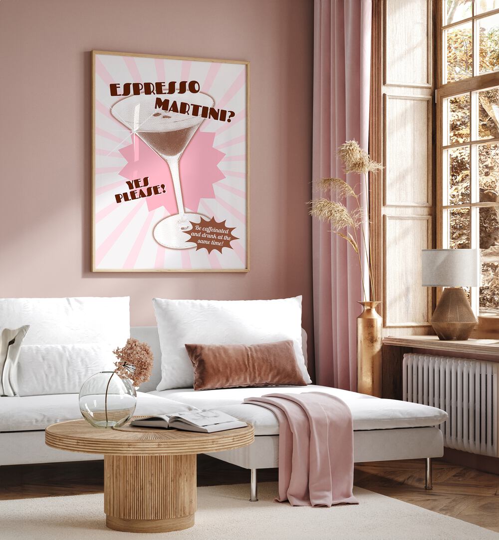 Espresso Martini by Athene Fritsch Cafe Art Prints Cafe Posters in Oak Wood Plain Frame placed on a pink wall beside a window and behind a sofa for living room