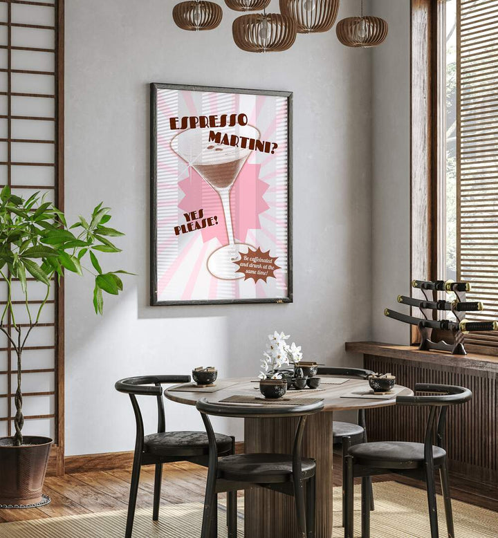 Espresso Martini by Athene Fritsch Cafe Art Prints Cafe Posters in Black Plain Frame placed on a wall in a dining room area beside a window and behind a dining table