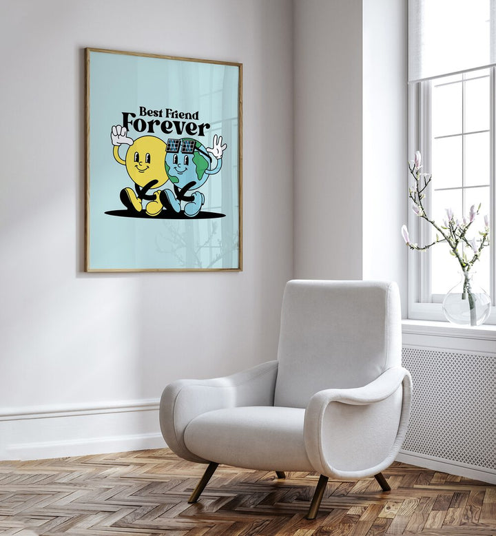 Eternal Bonds Best Friends Forever Quotes and Typography Posters in Oak Wood Plain Frame placed on a wall beside a chair