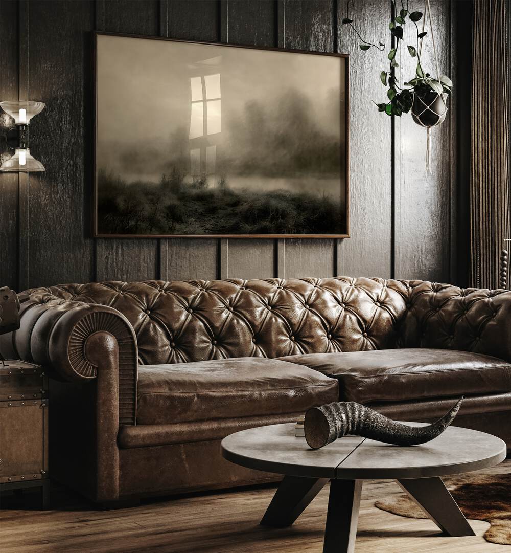 Eternal Shadows A Gothic Reverie Gothic Art Prints in Oak Wood Plain Frame hanging on a wall above brown leather couch beside a window