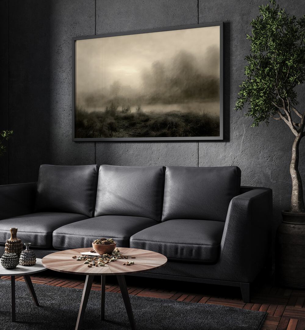 Eternal Shadows A Gothic Reverie Gothic Art Prints in Black Plain Frame hanging on a wall above black leather couch beside a plant.