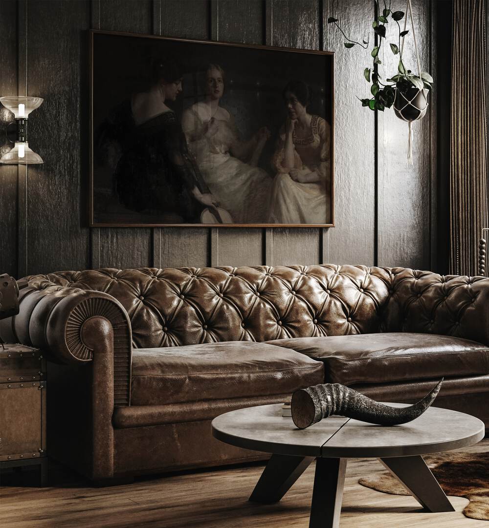 Ethereal Conversations Gothic Wall Art Prints in Oak Wood Plain Frame hanging on a wall above brown leather couch beside a window