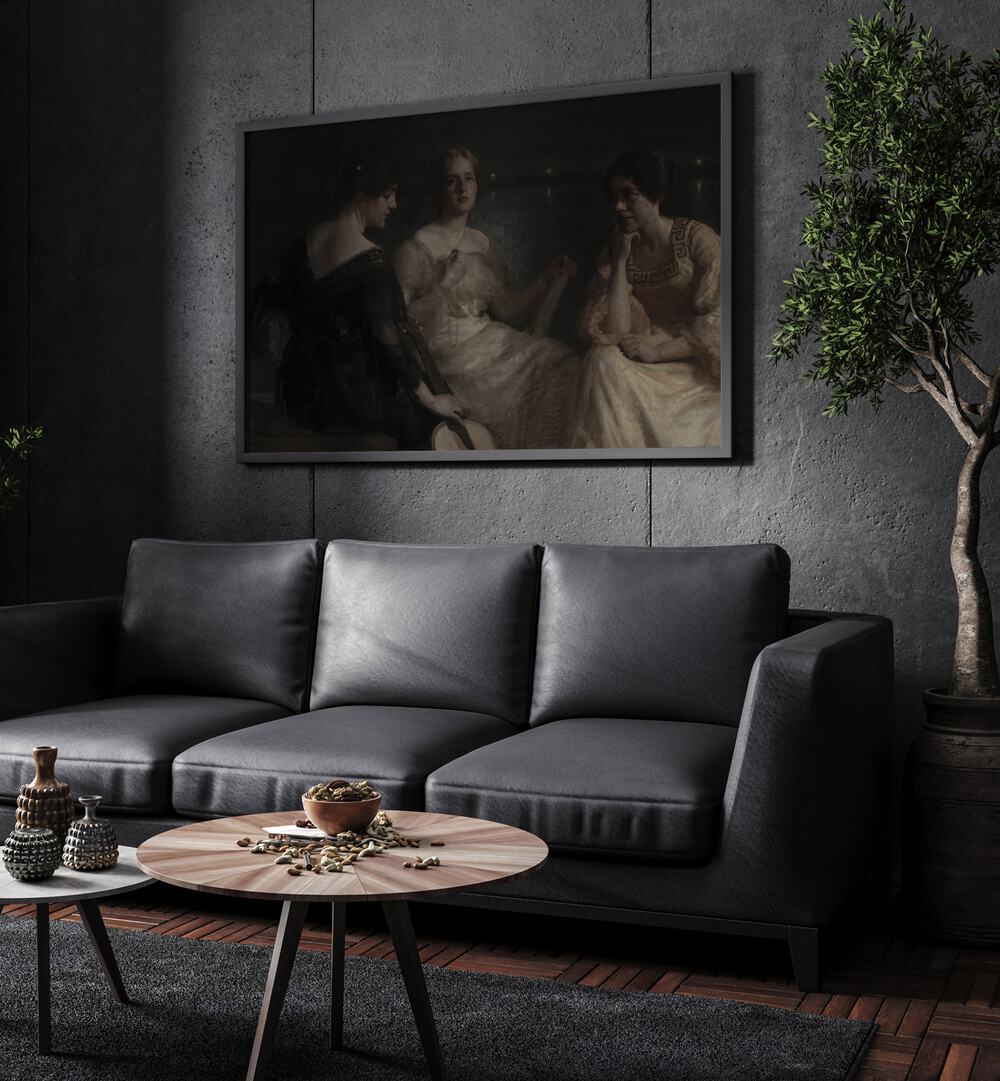 Ethereal Conversations Gothic Wall Art Prints in Black Plain Frame hanging on a wall above black leather couch beside a plant.