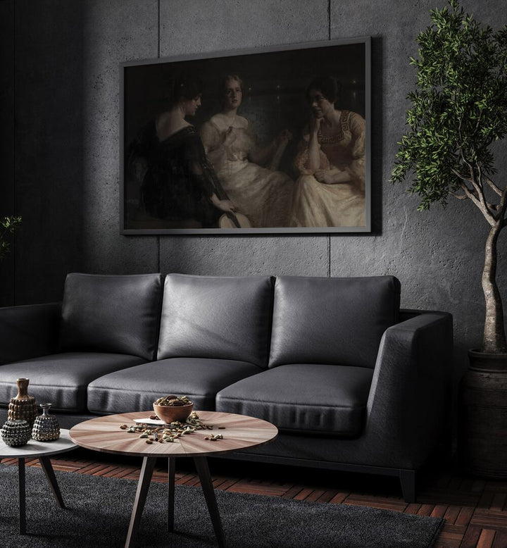 Ethereal Conversations Gothic Wall Art Prints in Black Plain Frame hanging on a wall above black leather couch beside a plant.