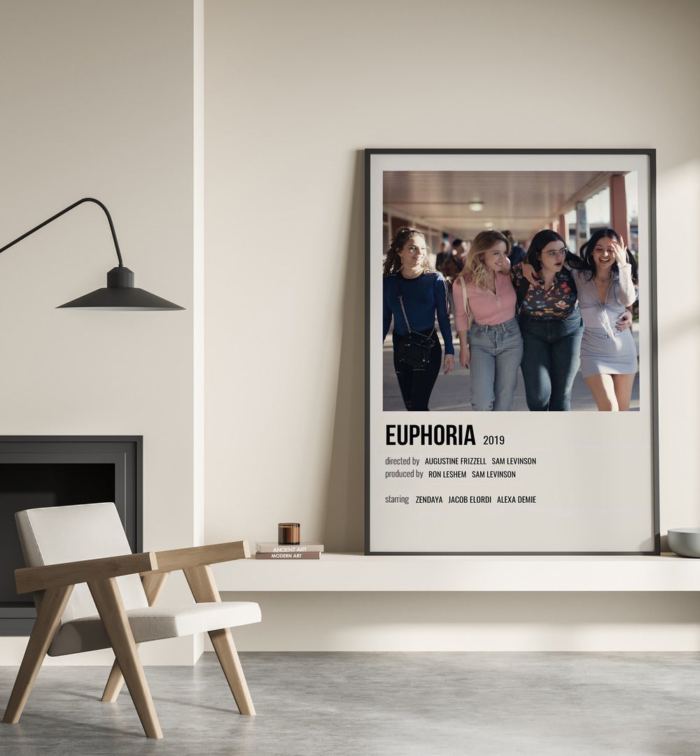 Euphoria 2019 I Movie Posters in Black Plain Frame placed on a shelf beside a hearth