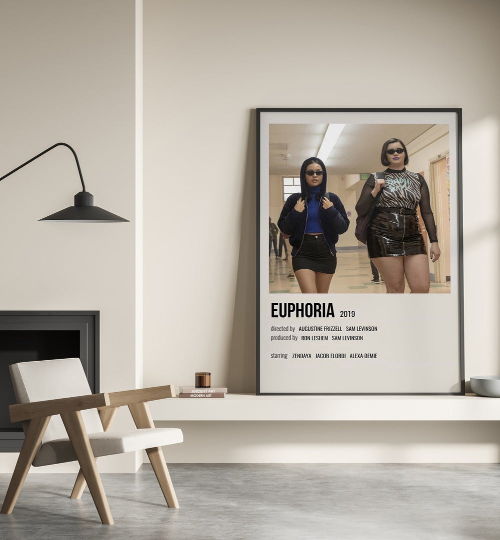 Euphoria 2019 II Movie Posters in Black Plain Frame placed on a shelf beside a hearth