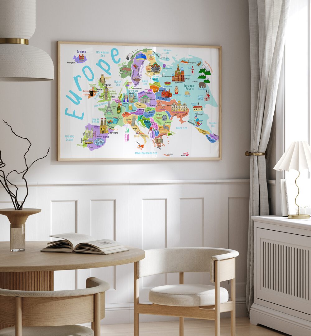 Europe Map With Famous Buildings By Carla Daly Kids Room Art placed on a wall 