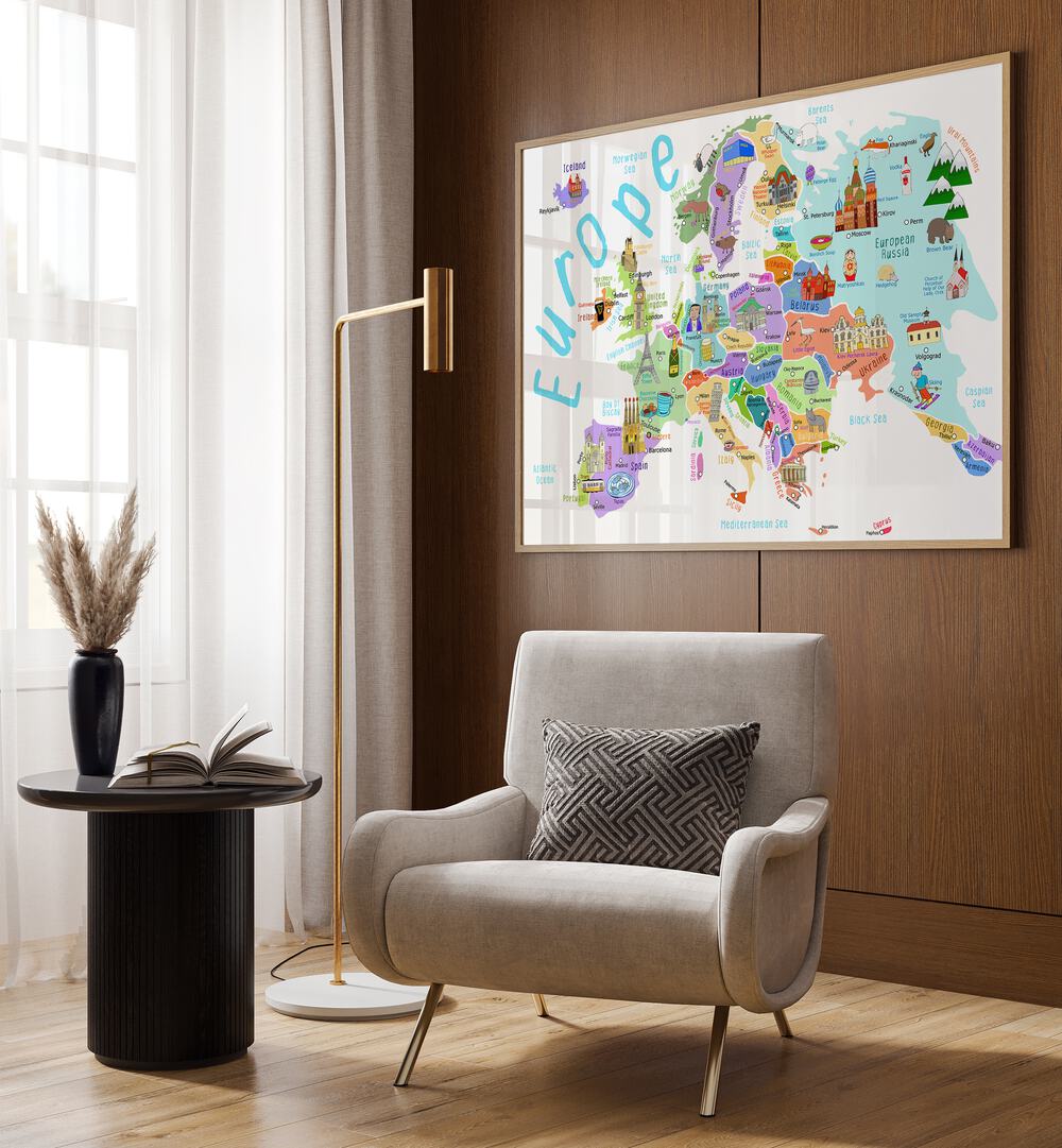 Europe Map With Famous Buildings By Carla Daly Kids Room Art placed on a wall 