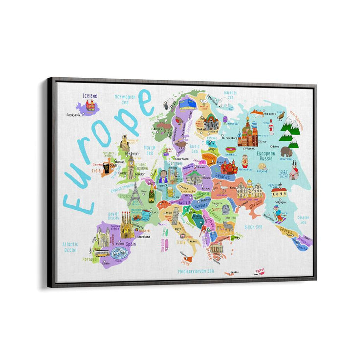 Europe Map With Famous Buildings By Carla Daly Kids Room Art in Black Floater Frame