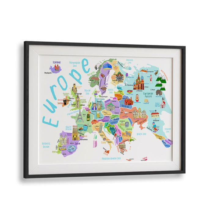 Europe Map With Famous Buildings By Carla Daly Kids Room Art in Black Frame With Mount