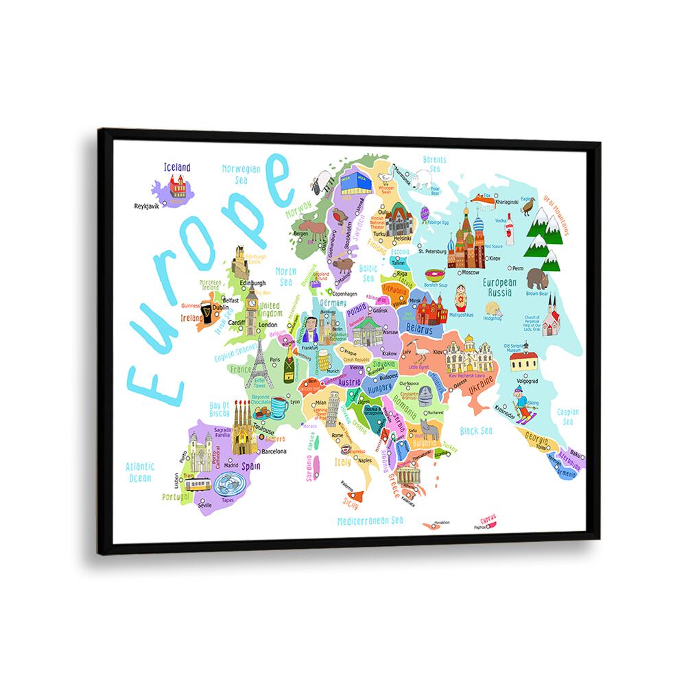 Europe Map With Famous Buildings By Carla Daly Kids Room Art in Black Plain Frame