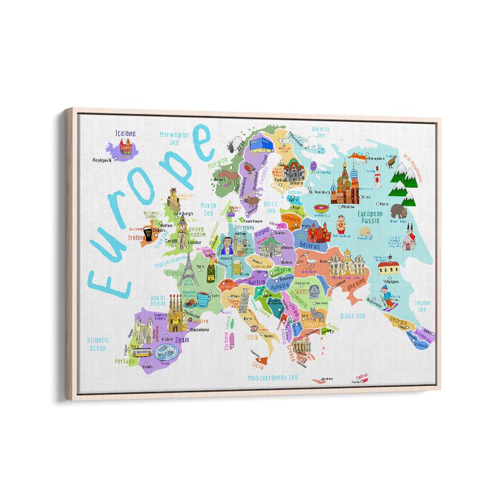 Europe Map With Famous Buildings By Carla Daly Kids Room Art in Oak Wood Floater Frame