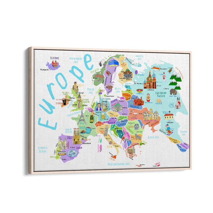 Europe Map With Famous Buildings By Carla Daly Kids Room Art in Oak Wood Floater Frame