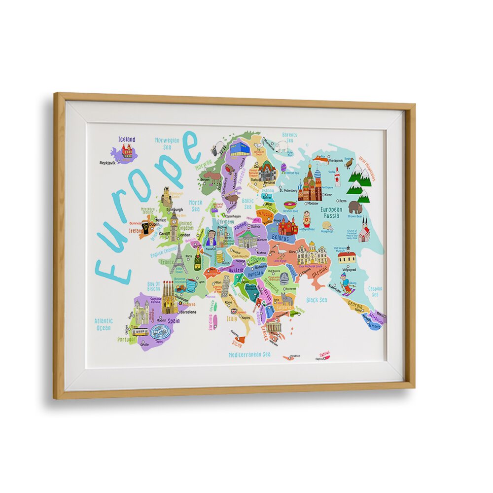 Europe Map With Famous Buildings By Carla Daly Kids Room Art in Oak Wood Frame With Mount