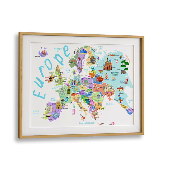 Europe Map With Famous Buildings By Carla Daly Kids Room Art in Oak Wood Frame With Mount